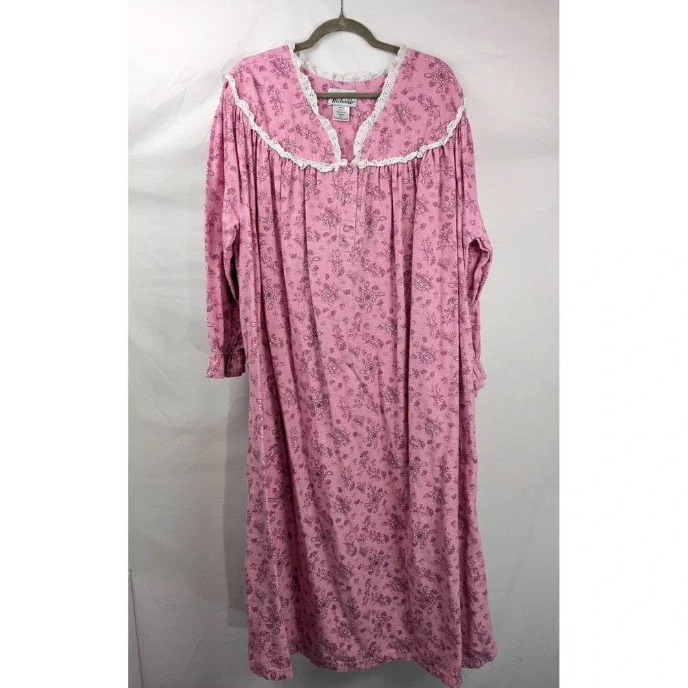 Floral 100% Cotton Long Sleeve Nightgown Size 3X Pink Cottagecore Prairie Lace